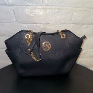 Michael Kors Black Saffiano Tote with Gold MK Medallion